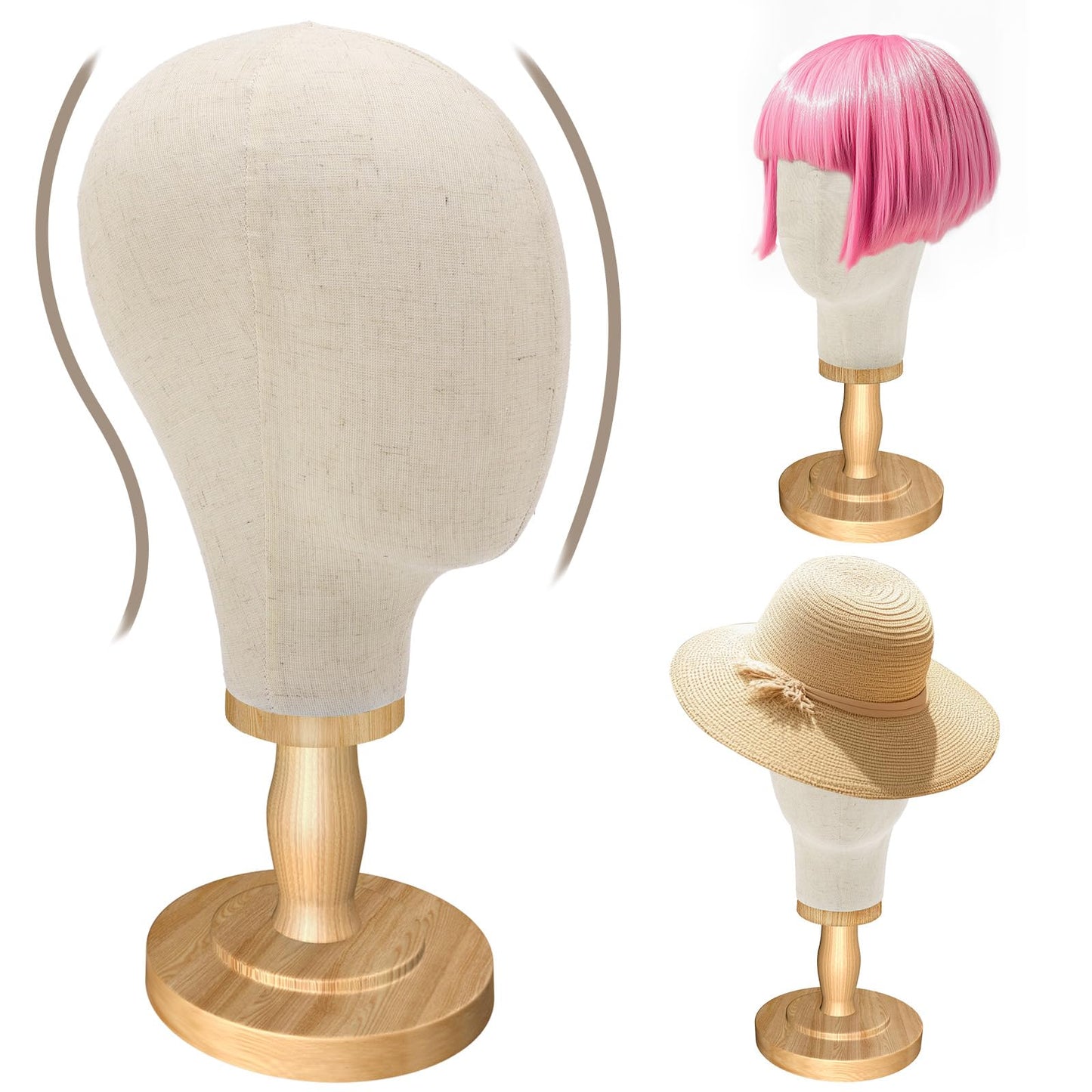 Wig Stand, 22inch Mannequin Head with Detachable Wood Base,Canvas Head Holder for Hair Styling Jewelry Glasses Headband Display, Wig Stand for Wigs,Hats, Caps, Headdress, Beige