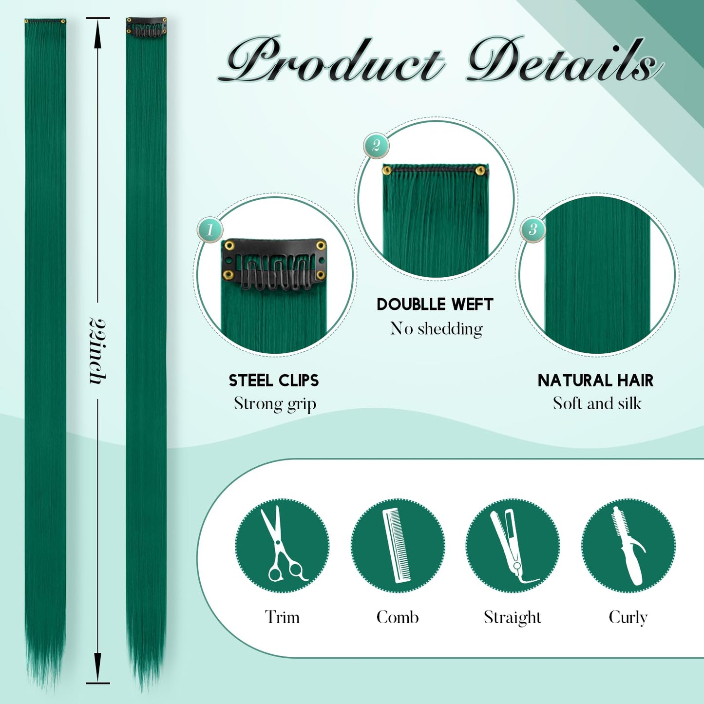 FESHFEN Colored Clip in Hair Extensions - 10 PCS Polaris Dark Green Highlighted Hair Piece Straight Synthetic Clip in Hairpieces for Women 22 inch