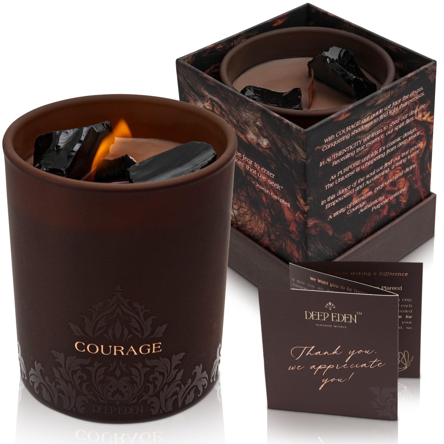 Deep Eden Empowerment Crystal Candle, 7.4 Oz, Brown - Forest Mahogany Scented Candle - Candles for Men with Wooden Wick, Black Tourmaline, Essential Oils & Premium Botanical Soy, Coconut and Beeswax