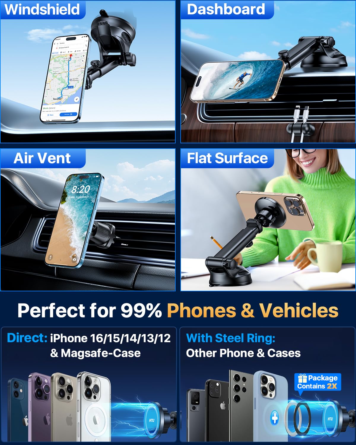 HTU for MagSafe Car Phone Mount Magnetic Phone Holder for Windshield Vent Dashboard Magnetic Suction Phone Mount for iPhone 16/15/14/13/12 & Android (Black)