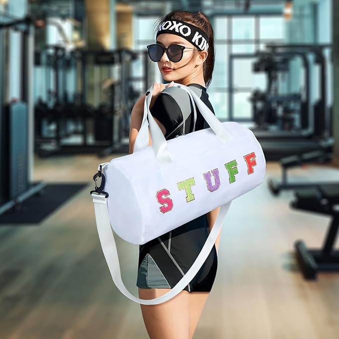 Chenille Letter Stuff Tote Bag 16 Inch, Small Gym Duffle Bag for Travel Dance Sports Workout Camping, Carry On Cheer Ballet Overnight Weekender Bags Birthday Christmas Gifts for Girls Kids Teens Women