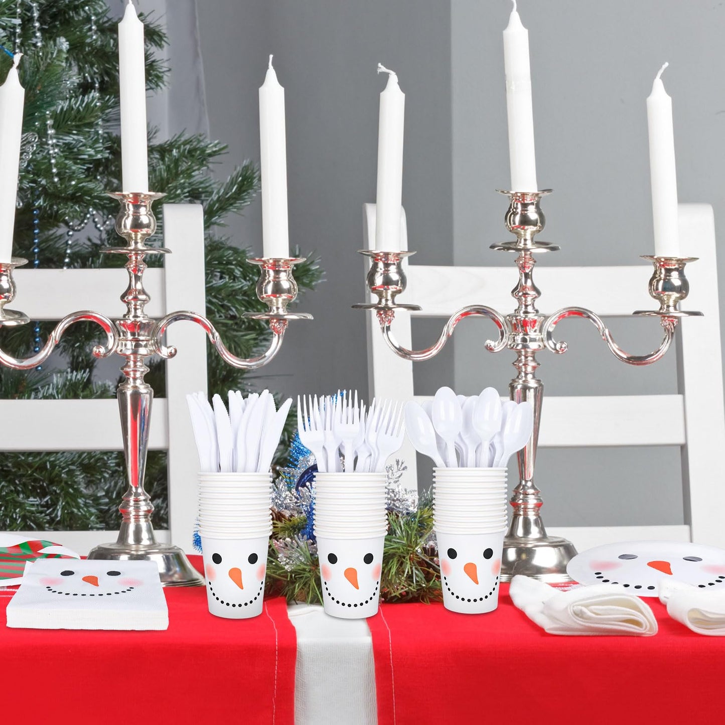 Whaline 175Pcs Christmas Party Tableware Set Winter Snowman Dinnerware Kit 7 and 9 Inch Paper Plates 6.5 Inch Disposable Napkins Cups Forks Spoons Knives for Xmas Holiday Dinner Supplies