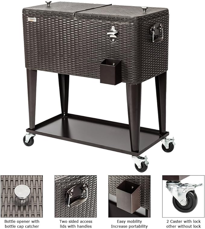 VINGLI 80 Quart Rolling Ice Chest on Wheels, Portable Patio Party Bar Drink Cooler Cart, Wicker PP Rattan with Shelf, Beverage Pool with Bottle Opener