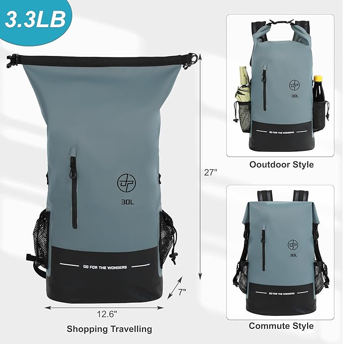 UPWELL 32L Waterproof Dry Bag Boating Backpack for Travel Hiking Camping Kayaking Hiking Swimming Floating Submersible Dry Bag grey