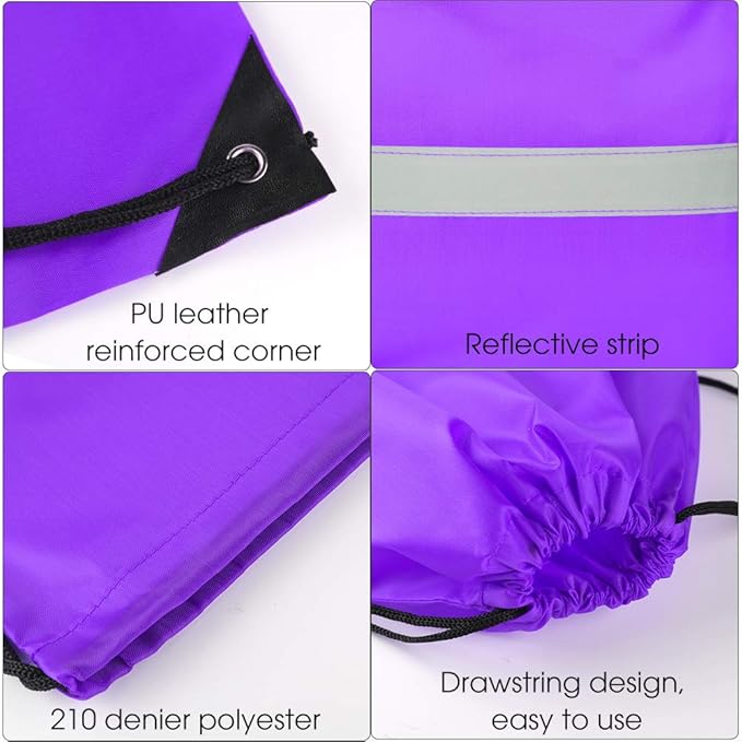 KUUQA 12 Pcs Drawstring Backpack Bag Bulk Reflective Backpack Purple String Bags Cinch Sack Backpack for Team Yoga Sport Gym Traveling