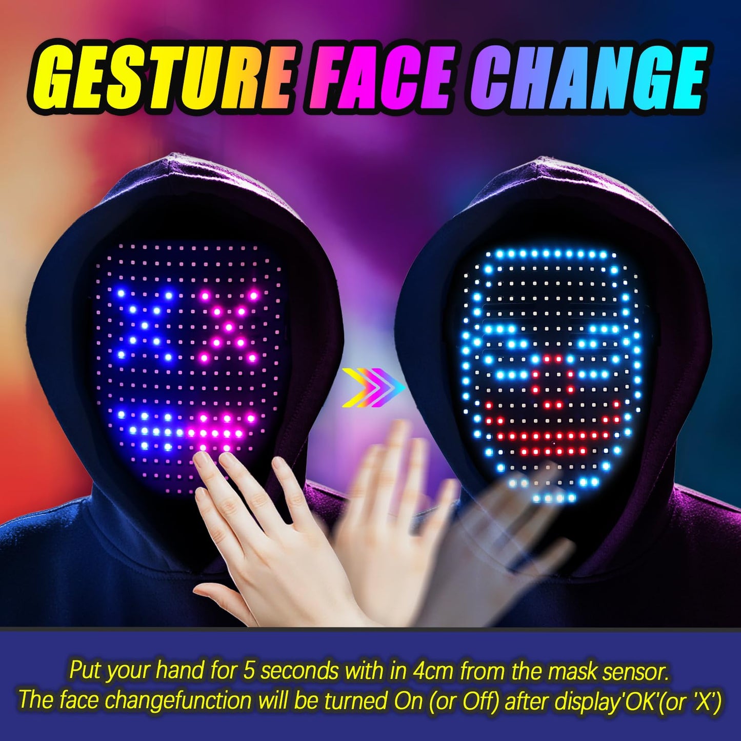 Ompusos LED Mask with Gesture Sensing Transforming Light Up Face Mask for Halloween Rave, Birthday and Masquerade Parties