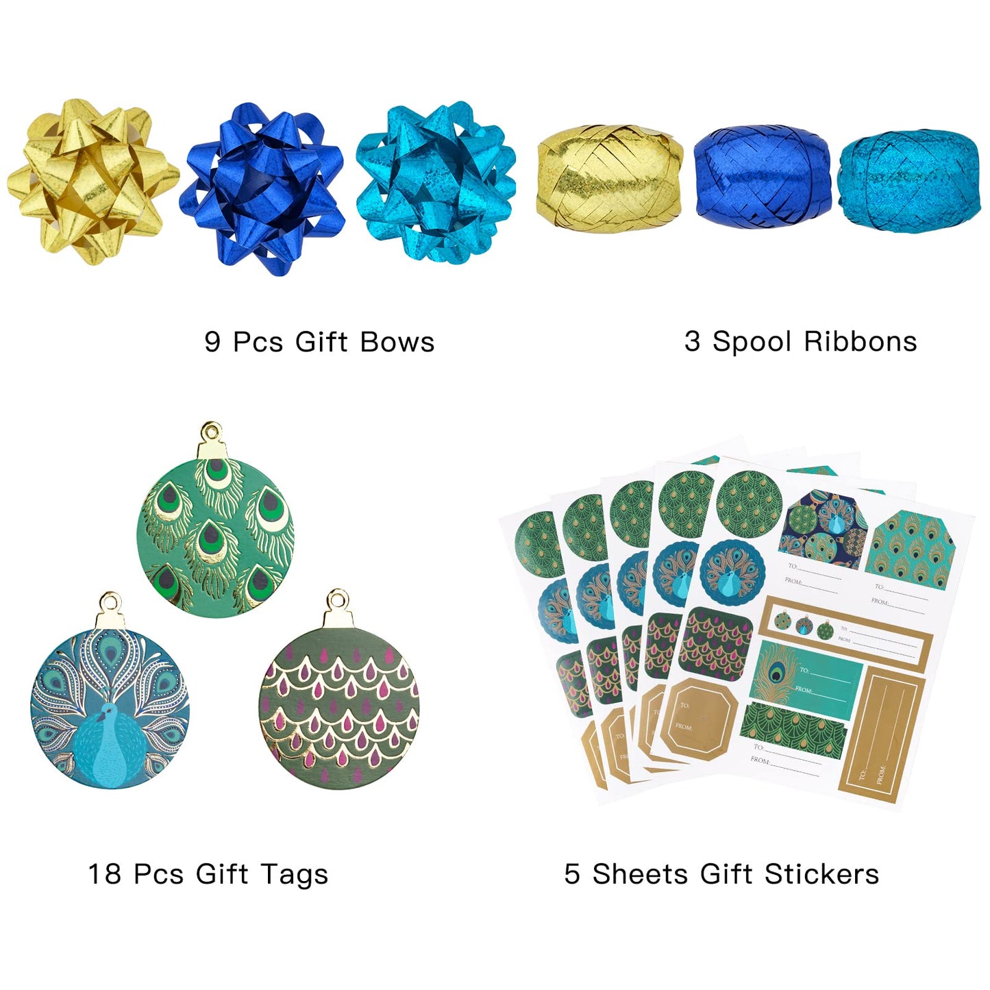 WRAPAHOLIC Peacock Christmas Wrapping Paper Set - Green Peacock Elements Patterns with Metallic Foil Shine Wrapping Paper Bundle with Gift Bow & Ribbon & Tag & Sticker