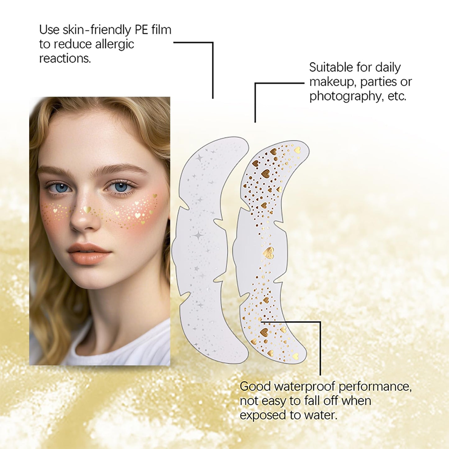 Face Glitter Freckles Tattoo, Gold Glow Up Makeup Patches, Face Glitter Makeup Speckles Patches, Cute Glitter Makeup Accessories for Women Cosmetic Glitter for Face - 20 Counts