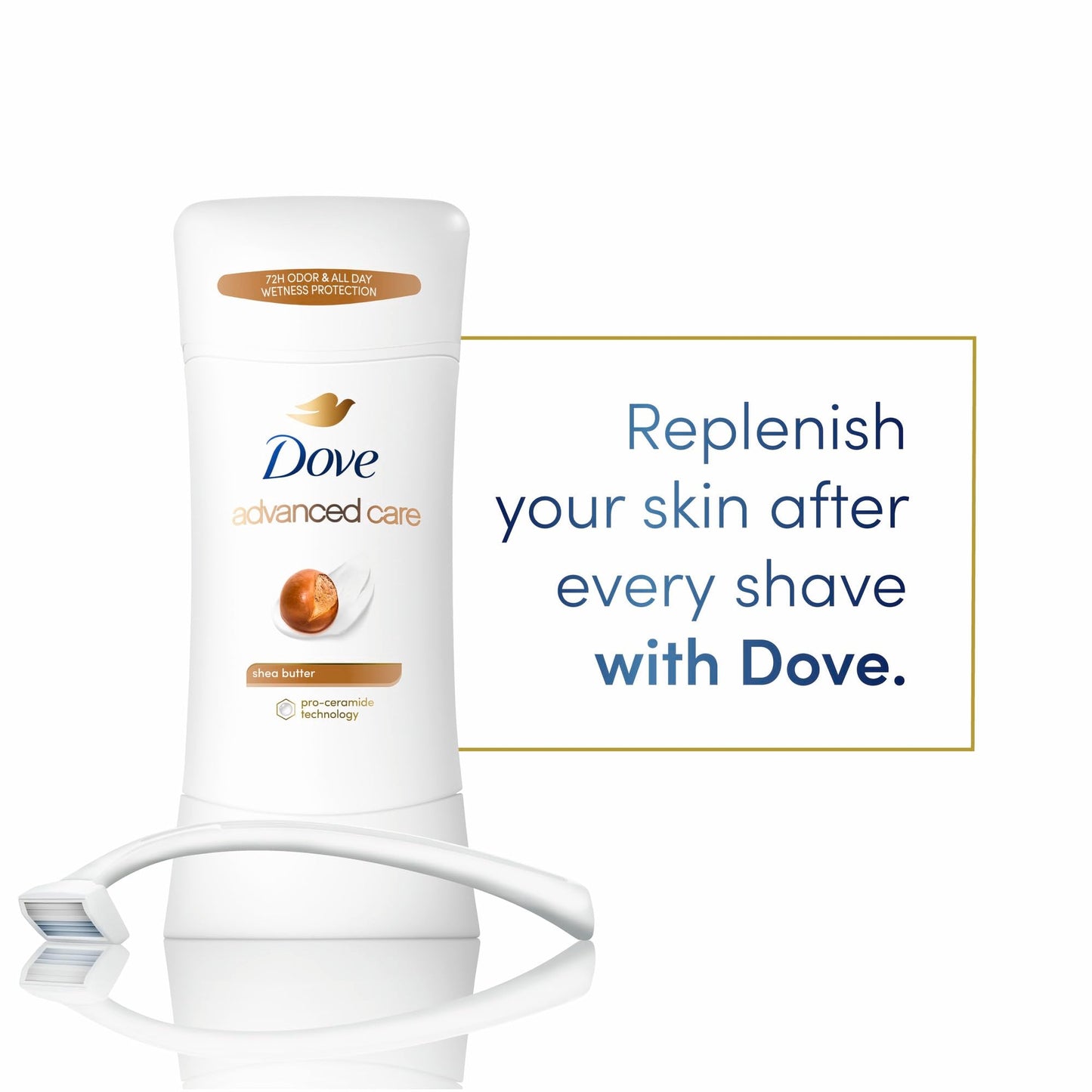 Dove Advanced Care Antiperspirant Deodorant Stick Shea Butter 4 ct with Pro ceramide technology for helping skin barrier repair after shaving 72 hour odor control sweat protection stick 2.6 oz