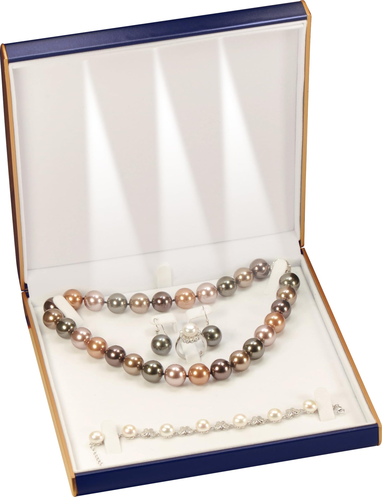 LED Blue Extra Large Necklace Pendant Earrings Ring Bracelet Box Luxury PU Leather Dome Top Designed with Gold Color Painted on the Sides Big Jewelry Sets Gift Holder Box with Light for Men for Women(Blue)