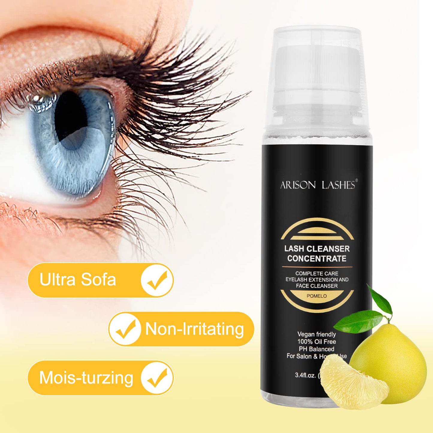 Eyelash Cleanser Concentrate 100ml Professional Lash Extensions Shampoo Natural Foaming Cleanser for Extensions Lashes with Salon Home Care-Makes 20 Bottles 60ml Eyelash Shampoo(pomelo)