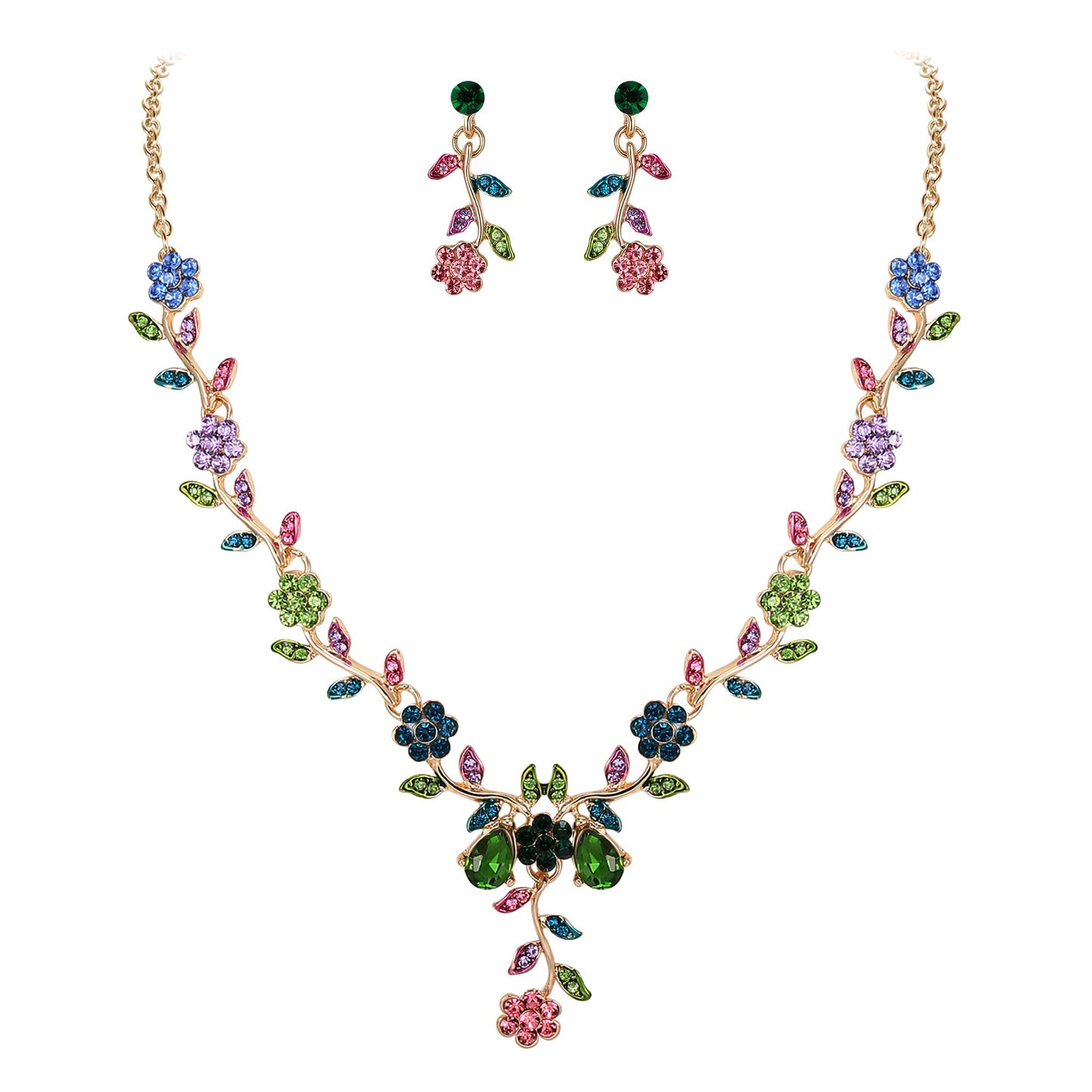 BriLove Women's Wedding Jewelry Leaf Cluster Flower Crystal Dangle Earrings Pendant Necklace Set for Bridal Multi Colour Gold-Tone
