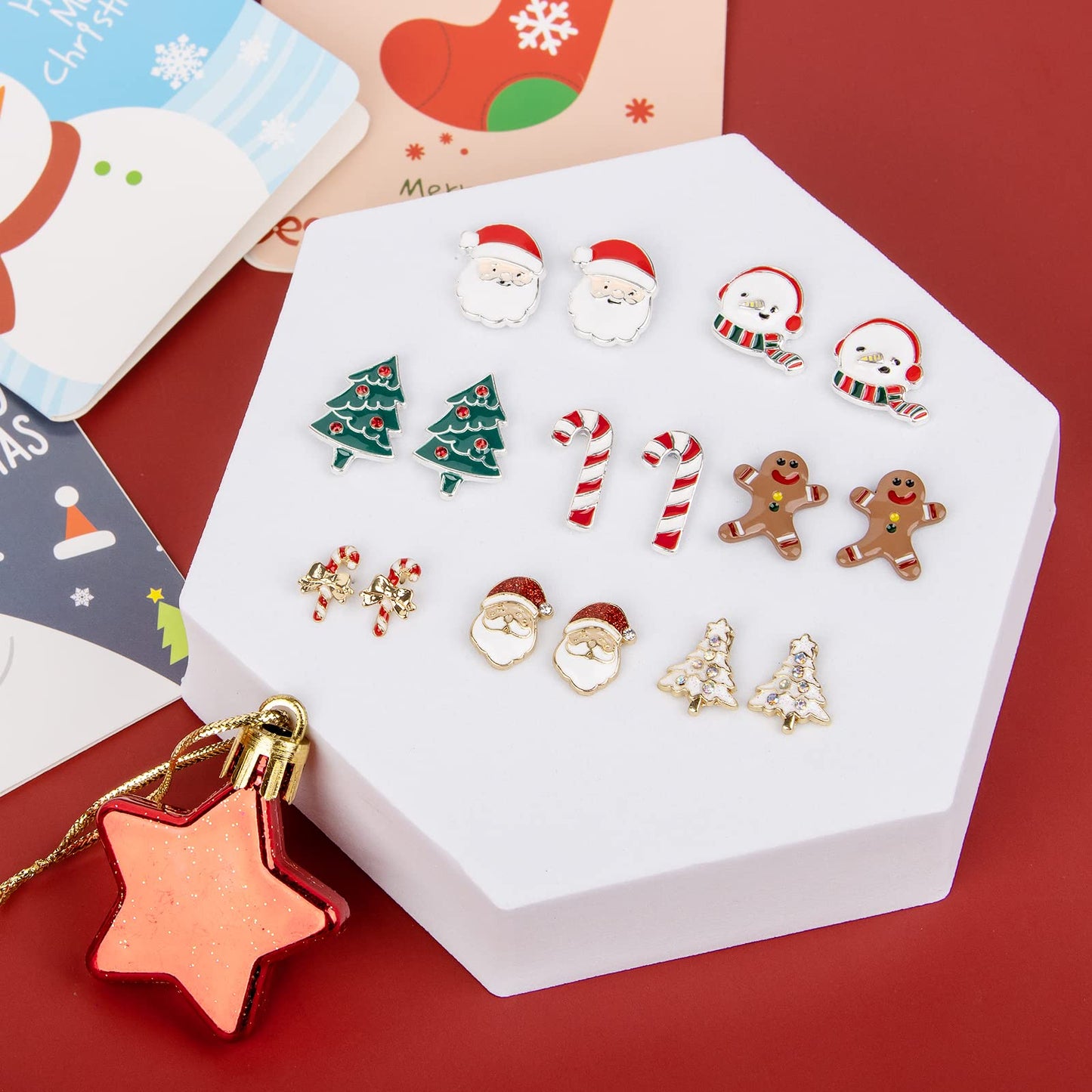 Christmas Earrings for Women,15 Pairs Hypoallergenic Santa Claus Candy Cane Snowman Christmas Tree Stud Holiday Earring Set Gift for Teen Girls Jewelry
