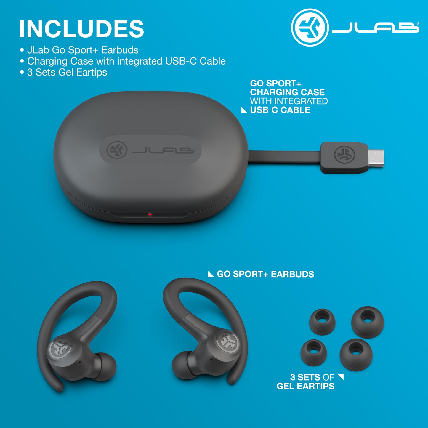 JLab Go Sport+ Wireless Workout Earbuds Featuring C3 Clear Calling, Secure Earhook Sport Design, 35+ Hour Bluetooth Playtime, and 3 EQ Sound Settings (Graphite)