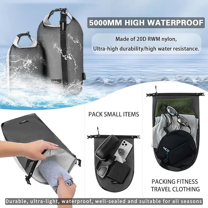 Waterproof dry sack Lightweight Dry Bag Soft and comfortable stuff sacks for backpacking Rafting Boating Camping (Bule, 4L 8L)