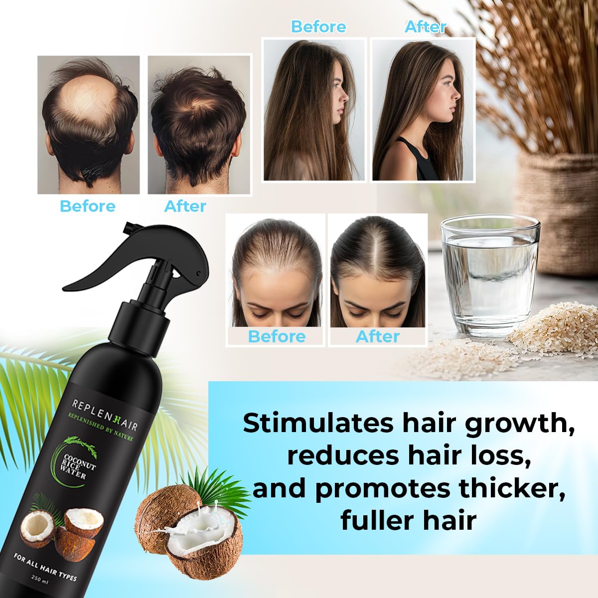 Replenhair Rice Water Coconut Hair Growth Spray - Leave In Conditioner Infused with Coconut Oil Hair & Essential Oil for Hair Growth, Reduces Hair Fall, Dandruff & & Promotes Thicker Hair - 250ml