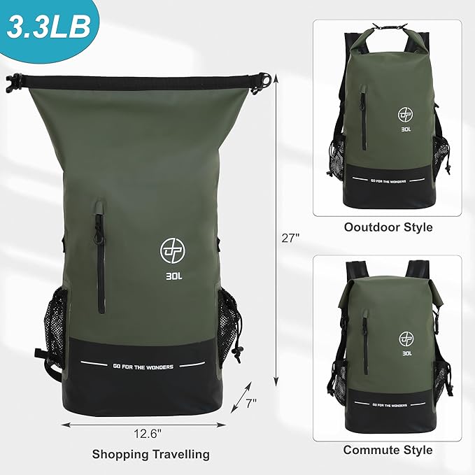 UPWELL Waterproof Dry Bag 30L Boating Backpack for Travel Hiking Camping Bags for Kayaking Hiking Waterproof Bags Swimming Floating Submersible Dry Bag Green