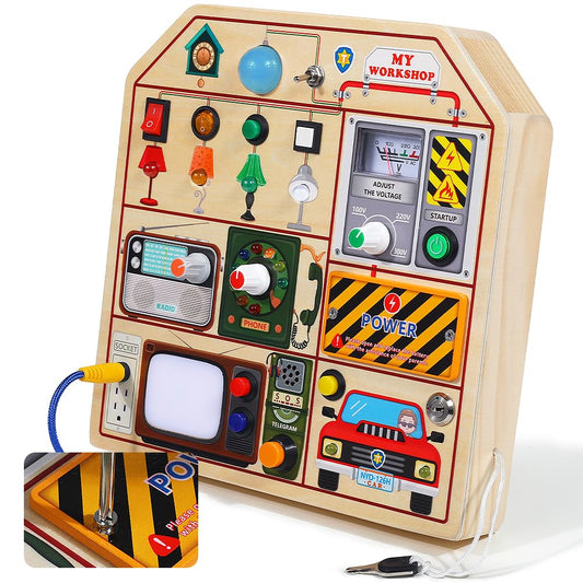 JAUNTY Montessori Wooden Busy Board for Toddlers 3 4 5 Years Old, Wooden Sensory Toddler Toys with LED Light Switches, TV Radio Telegram and Car Driving, Travel Toys Birthday for Boys Girls