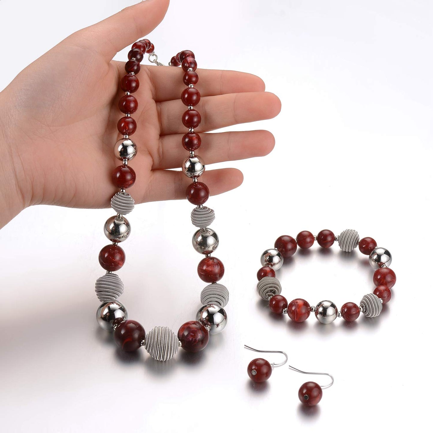 PEARL&CLUB Beaded Chunky Statement Necklace Earring and Bracelet Set Silver Metal Bead Fashion Jewelry Set Mothers’ Day Gifts for Women (Red)