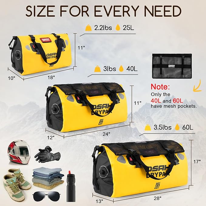 Waterproof Duffel Bag - Motorcycle Dry Bag Tail Bag with Large Storage Space, Waterproof Luggage Duffle Bags with Outer Mesh Zipper Pocket for Camping, Kayaking, Fishing & Traveling