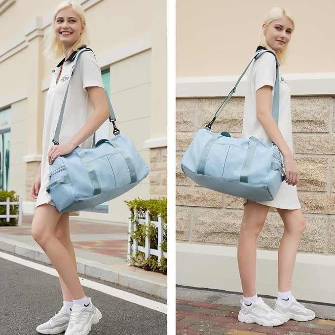 ZGWJ Sports Gym Bag with Wet Pocket & Shoes Compartment, Waterproof Shoulder Weekender Bag for Women and Men Swim Sports Travel Gym Bag Lightweight and easy Carry on Light Blue