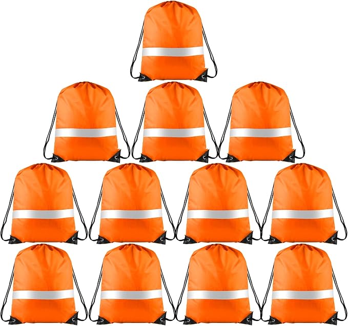 KUUQA 12 Pcs Drawstring Backpack Bag Bulk Reflective Backpack Orange String Bags Cinch Sack Backpack for Team Yoga Sport Gym Traveling