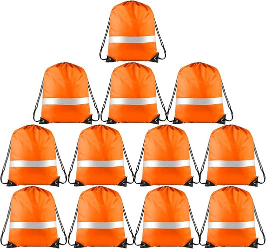 KUUQA 12 Pcs Drawstring Backpack Bag Bulk Reflective Backpack Orange String Bags Cinch Sack Backpack for Team Yoga Sport Gym Traveling