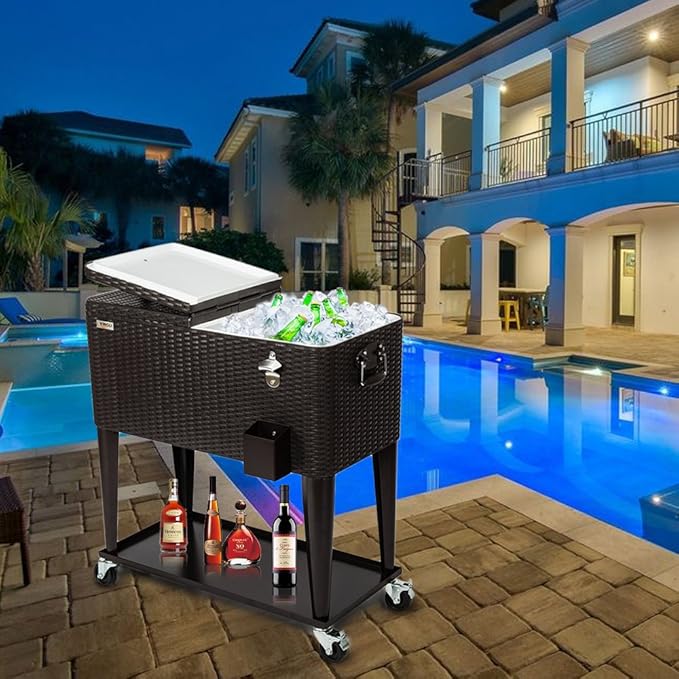 VINGLI 80 Quart Rolling Ice Chest on Wheels, Portable Patio Party Bar Drink Cooler Cart, Wicker PP Rattan with Shelf, Beverage Pool with Bottle Opener