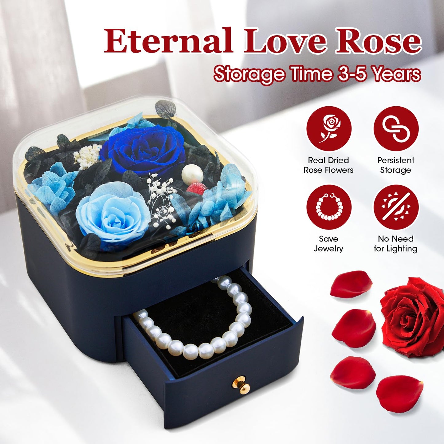 INYPTROPIC Preserved Real Rose with Pearl Bracelets Forever Flowers Jewelry Box for Mom Wife Girlfriend Grandma on Mothers Day Birthday Valentines Christmas Anniversary Beatiful Gifts for Women