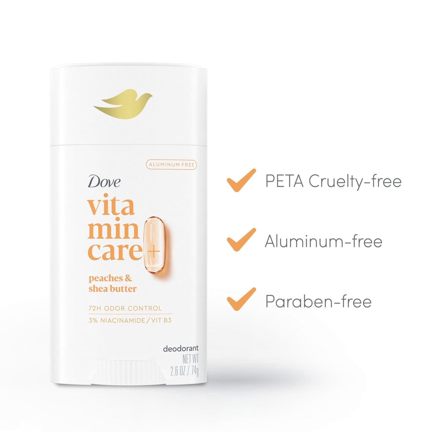 Dove VitaminCare+ Aluminum Free Deodorant Stick for 72H Odor Protection Peaches & Shea Butter Breathable Deodorant for Women 2.6 oz