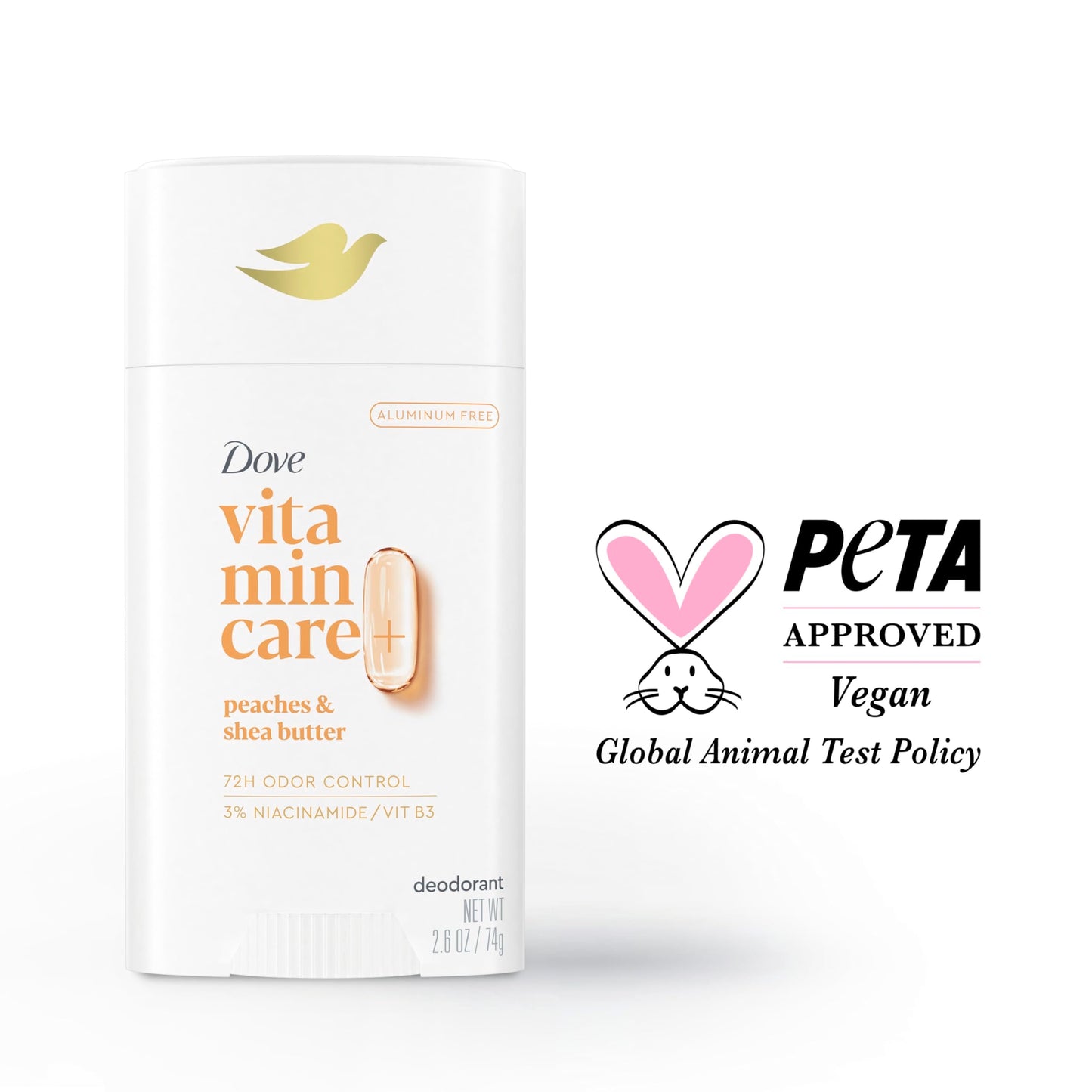 Dove VitaminCare+ Aluminum Free Deodorant Stick for 72H Odor Protection Peaches & Shea Butter Breathable Deodorant for Women 2.6 oz