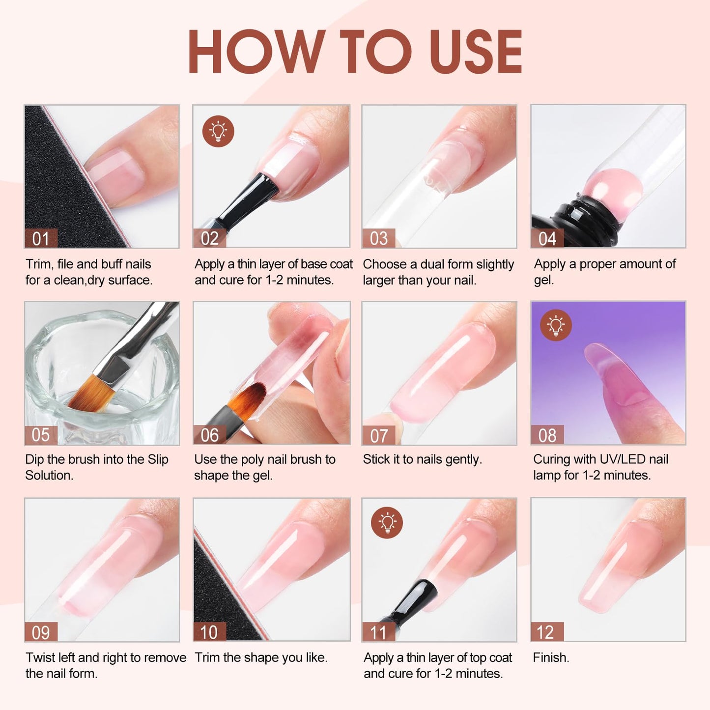 COSCELIA Poly Nail Gel Kit Starter Kit, 8 Colors Nude Pink Clear Poly Nail Extension Gel Kit with U V Light with Everything Matte Glossy Top Coat Nail Stickers Complete Manicure Kit for Women