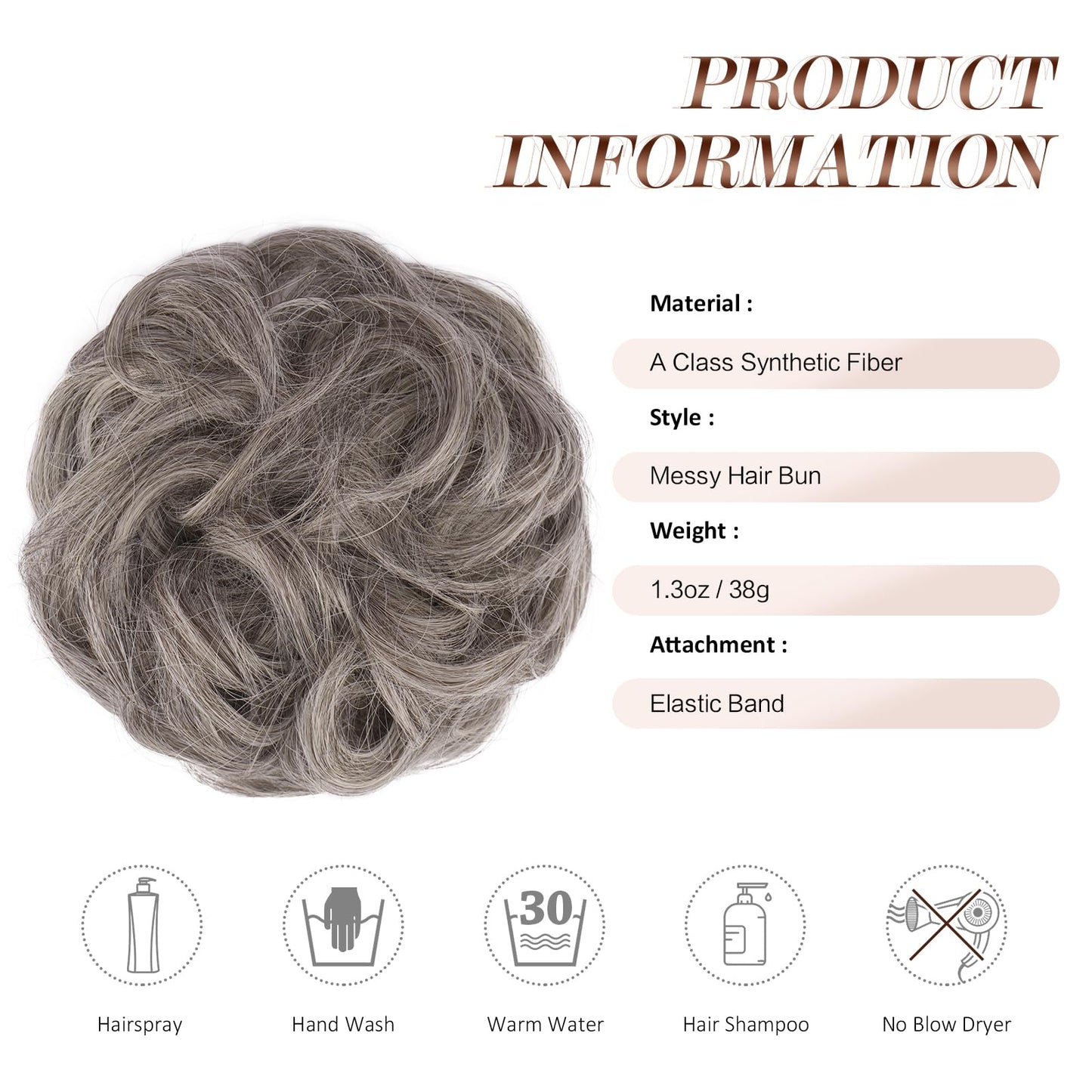 FESHFEN Messy Bun Hair Piece - Elastic Wavy Curly Hair Bun Scrunchies Extensions Synthetic Chignon Hairpieces for Women Girls, Salt and Pepper 1 PCS