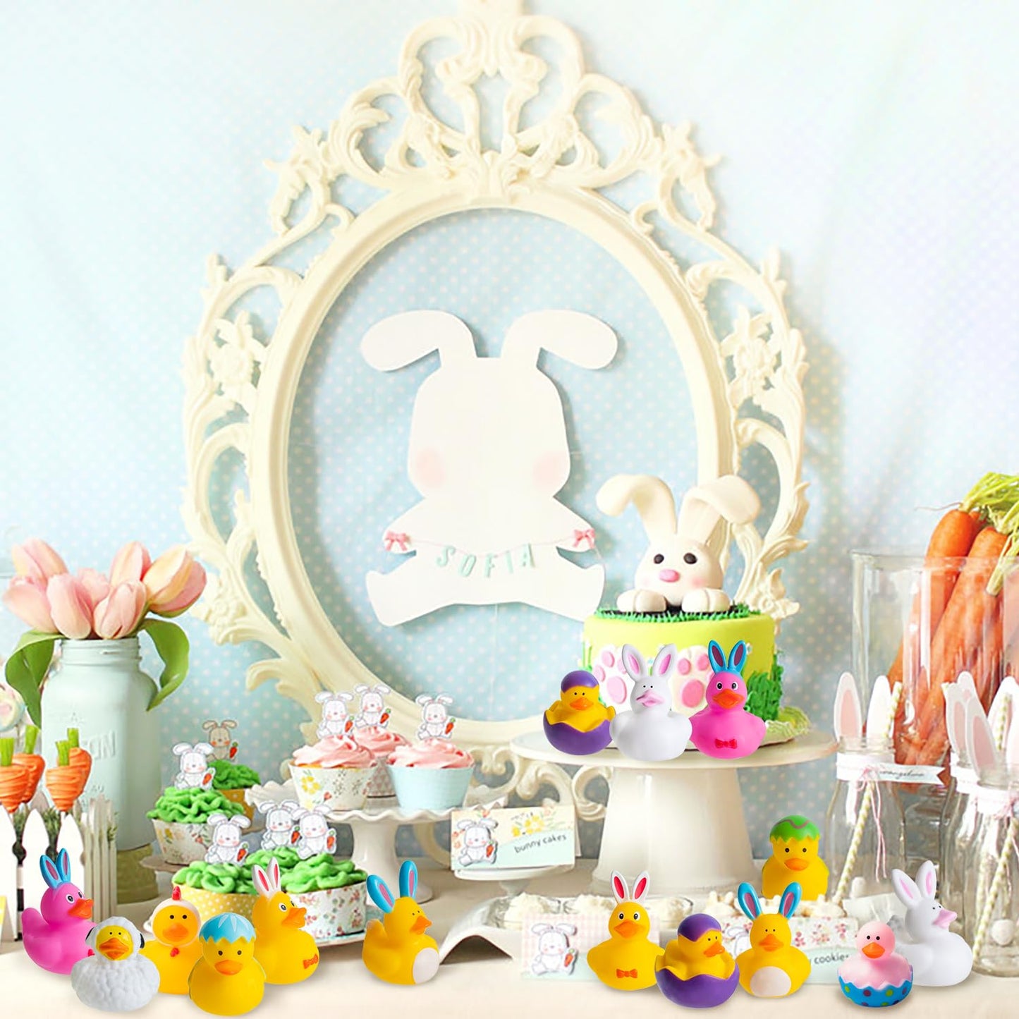 Haooryx Easter Rubber Duckies Toys - 20Pcs Novelty Funny Squeeze Ducks Egg Bunny Bathtub Duck Toy Baby Shower Float Ducky Multi-Item Party Favor Packs Carnival Pinata Filler Prizes Basket Stuffing Kid