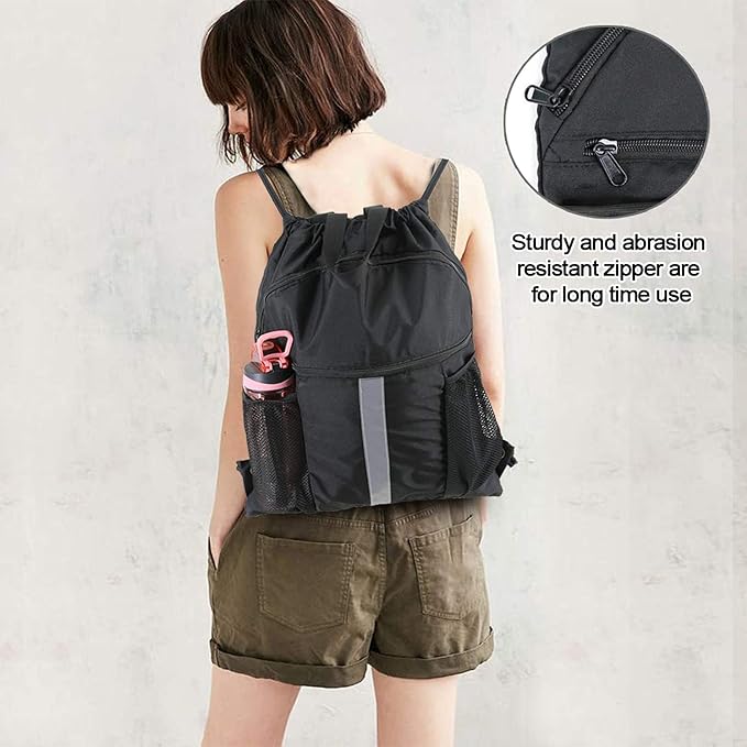 BeeGreen Drawstring Backpack Bag with Shoe Compartment, X-Large Black Gym Sports String Cinch Backpack
