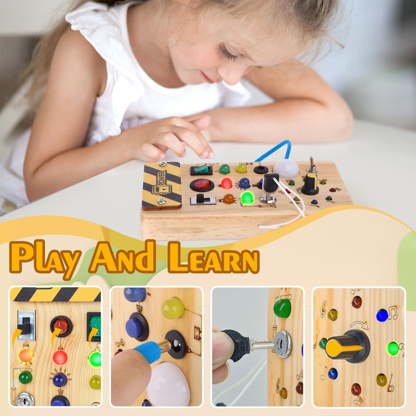 Montessori Wooden Busy Board with 8 LED Light switches, Sensory Toys Light Switch Travel Toys for 1+ Year Old Baby and Toddler