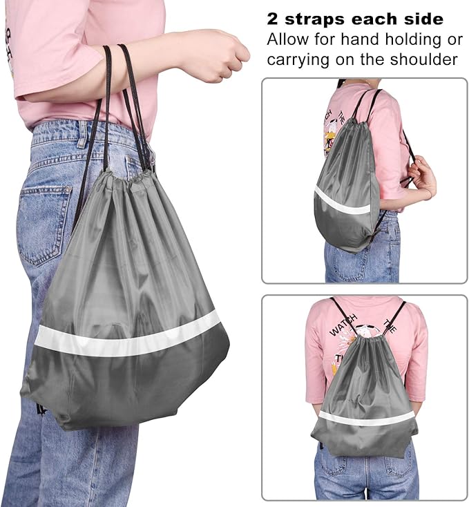 KUUQA 12 Pcs Drawstring Backpack Bag Bulk Reflective Backpack Gray String Bags Cinch Sack Backpack for Team Yoga Sport Gym Traveling