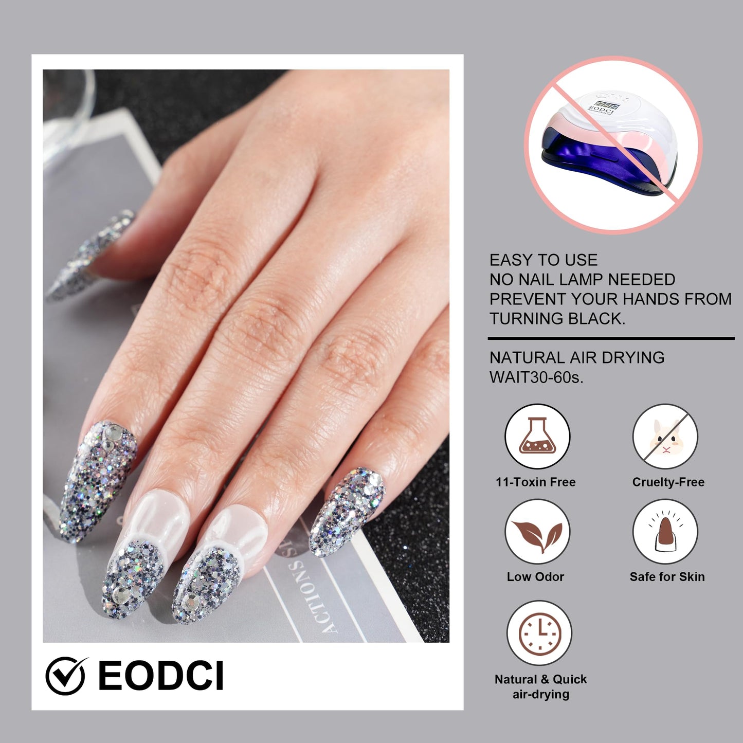 EODCI Glitter Black Dip Powder, 1OZ Neutral Nail Dip Powder for Long-lasting 28 Days+ Dip Nail Art French Manicure Nail Starter & Professional Home DIY Salon Use
