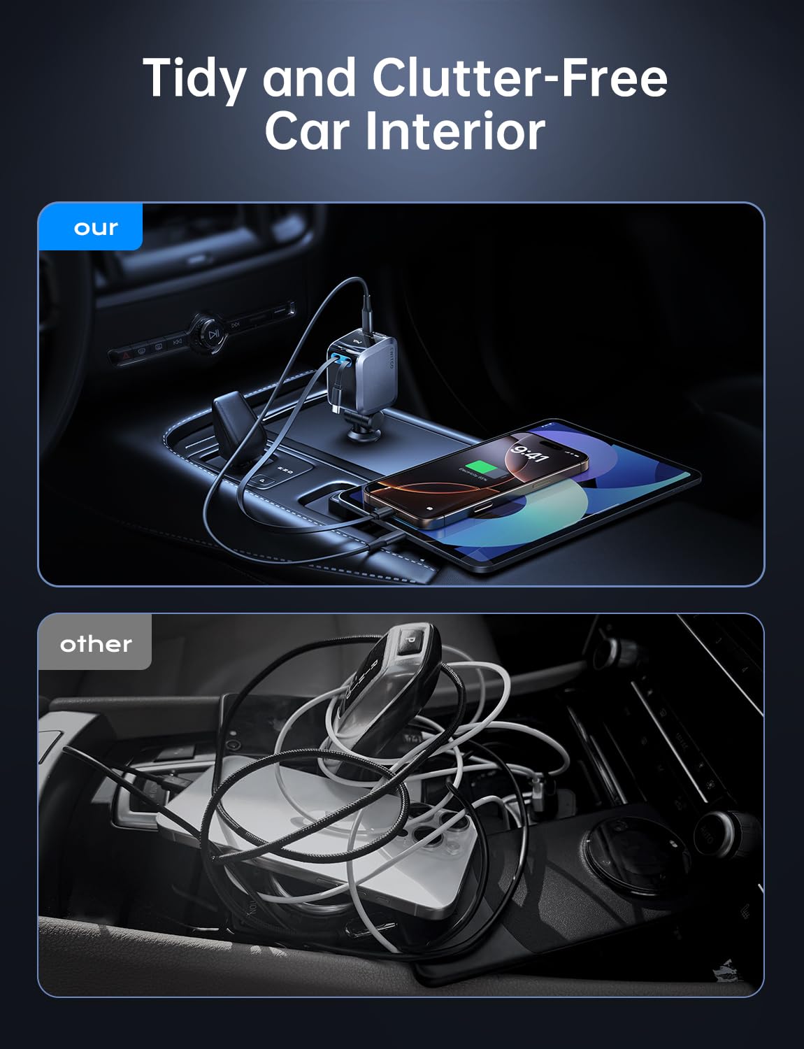 EWITGO Retractable Car Charger, Car Accessories, 72W Fast Charging USB C Car Charger with 4FT Retractable Cables and 2 Ports, for iPhone 16 15 14 13 12, Samsung etc Warm Grey