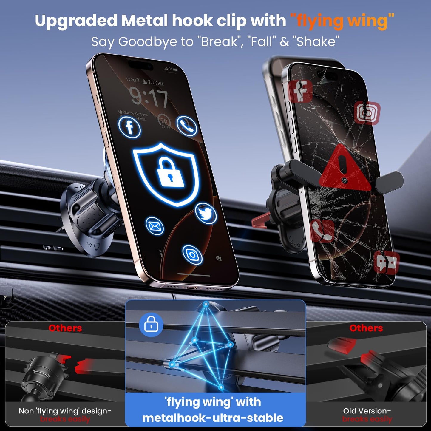 Coneclat for MagSafe Car Mount Magnetic Phone Holder for Car [2025 Upgraded 22X Magnets & Double-Hooks] Phone Holders for Your Car Stand for Dashboard Vent GPS for iPhone 16/15/14/13/12 Android etc