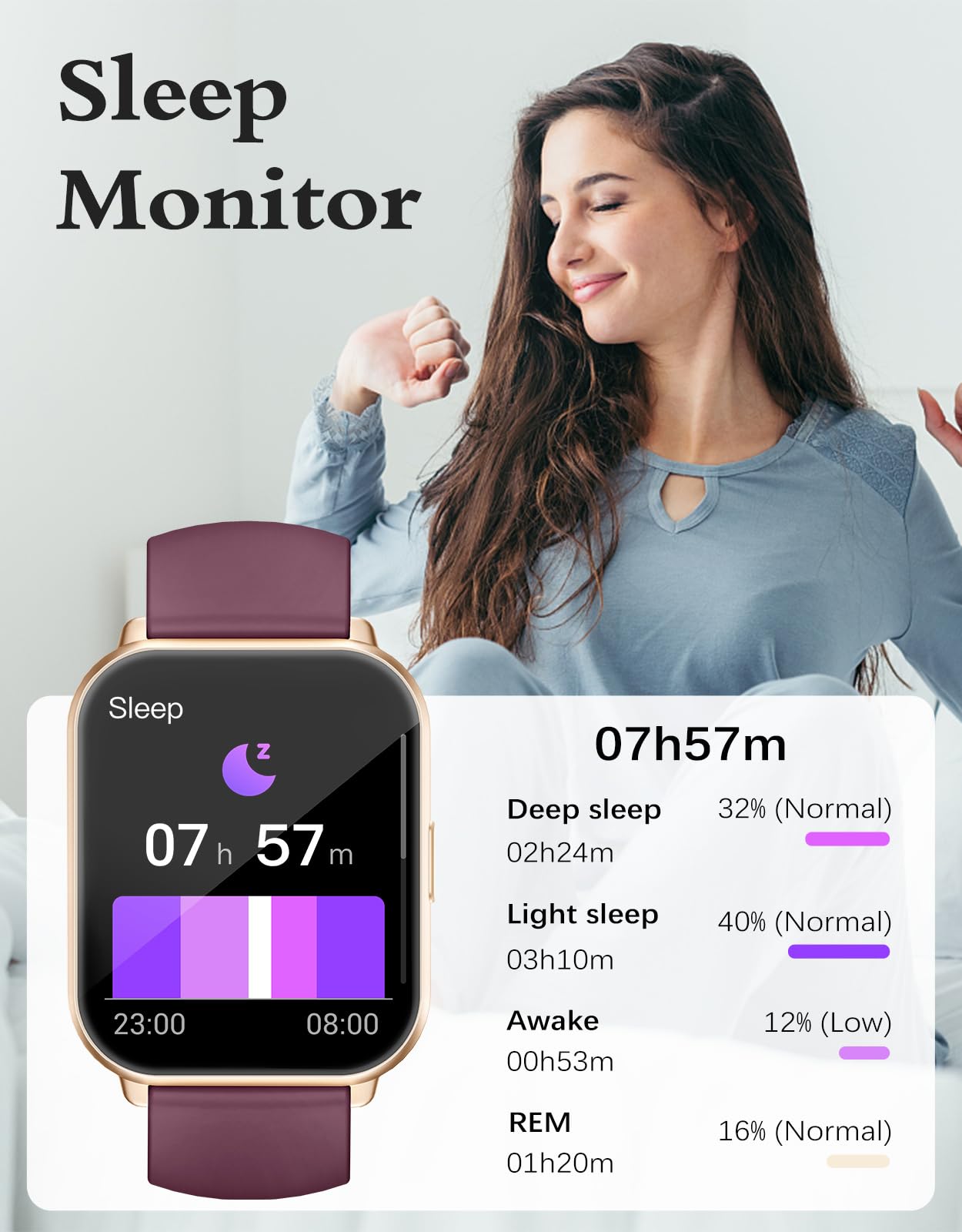 RUIMEN Smart Watches for Men Women (Answer/Make Calls, 2 Bands Included), 1.8" Smartwatch for iOS/Android Phones, Fitness Tracker Heart Rate/Sleep Monitor Digital Watch Waterproof Purple