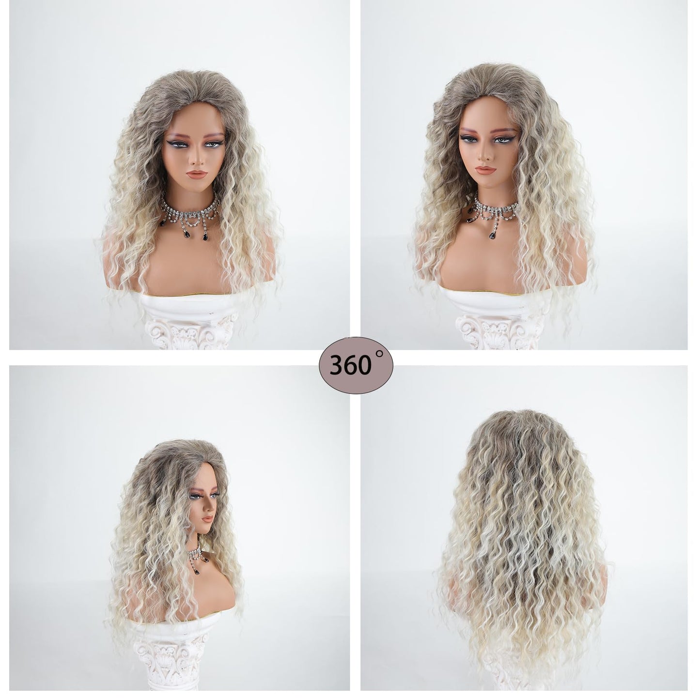 Fencca Ash Blonde Long Curly Wigs for Women Ombre Color Heat Synthetic Curly Wig Mix Blonde Curly Wavy Wig Layered Natural Daily Party Wig