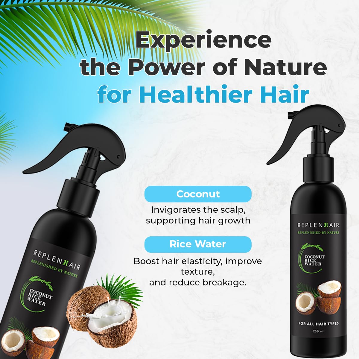 Replenhair Rice Water Coconut Hair Growth Spray - Leave In Conditioner Infused with Coconut Oil Hair & Essential Oil for Hair Growth, Reduces Hair Fall, Dandruff & & Promotes Thicker Hair - 250ml