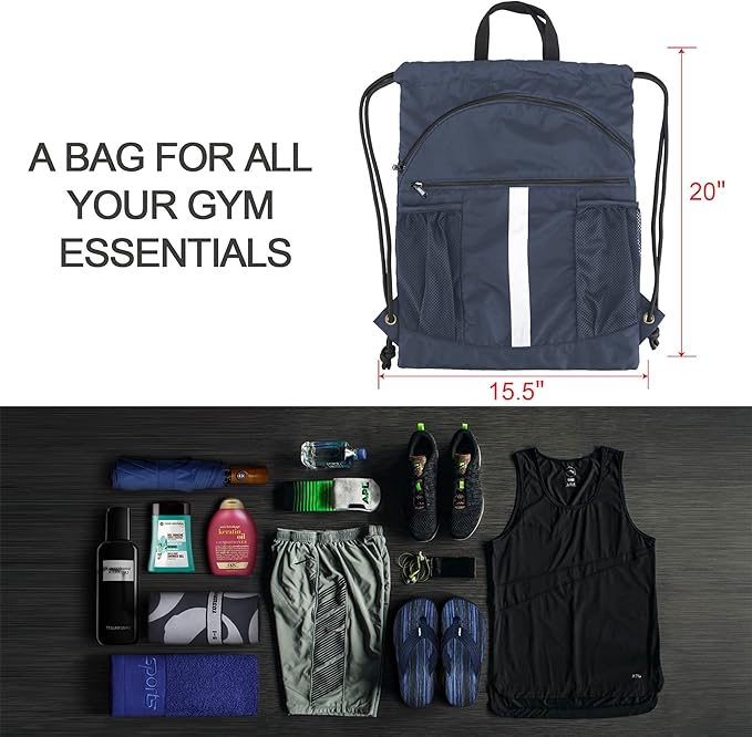 BeeGreen Drawstring Backpack Bag with Shoe Compartment, X-Large Black Gym Sports String Cinch Backpack