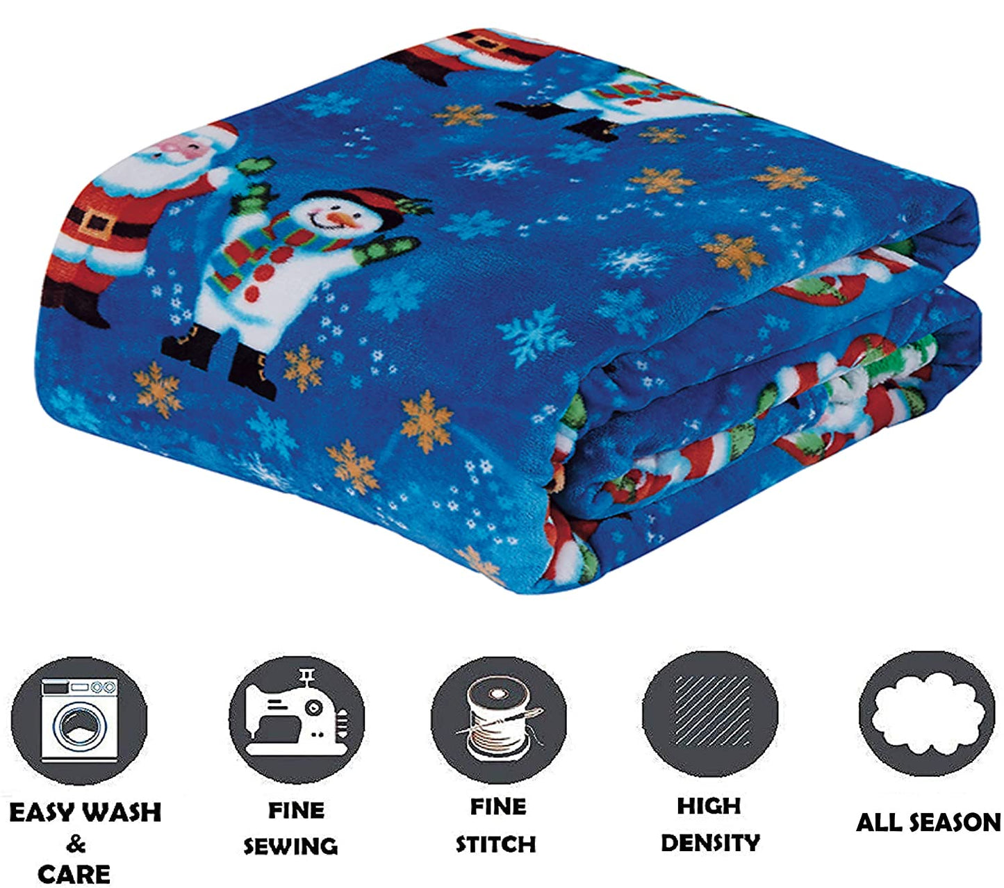 Elegant Comfort Luxury Velvet Super Soft Christmas Prints Fleece Blanket-Holiday Theme Home Décor Fuzzy Warm and Cozy Throws for Winter Bedding, Couch and Gift, 50 x 60 inch, Blue Santa Snowman