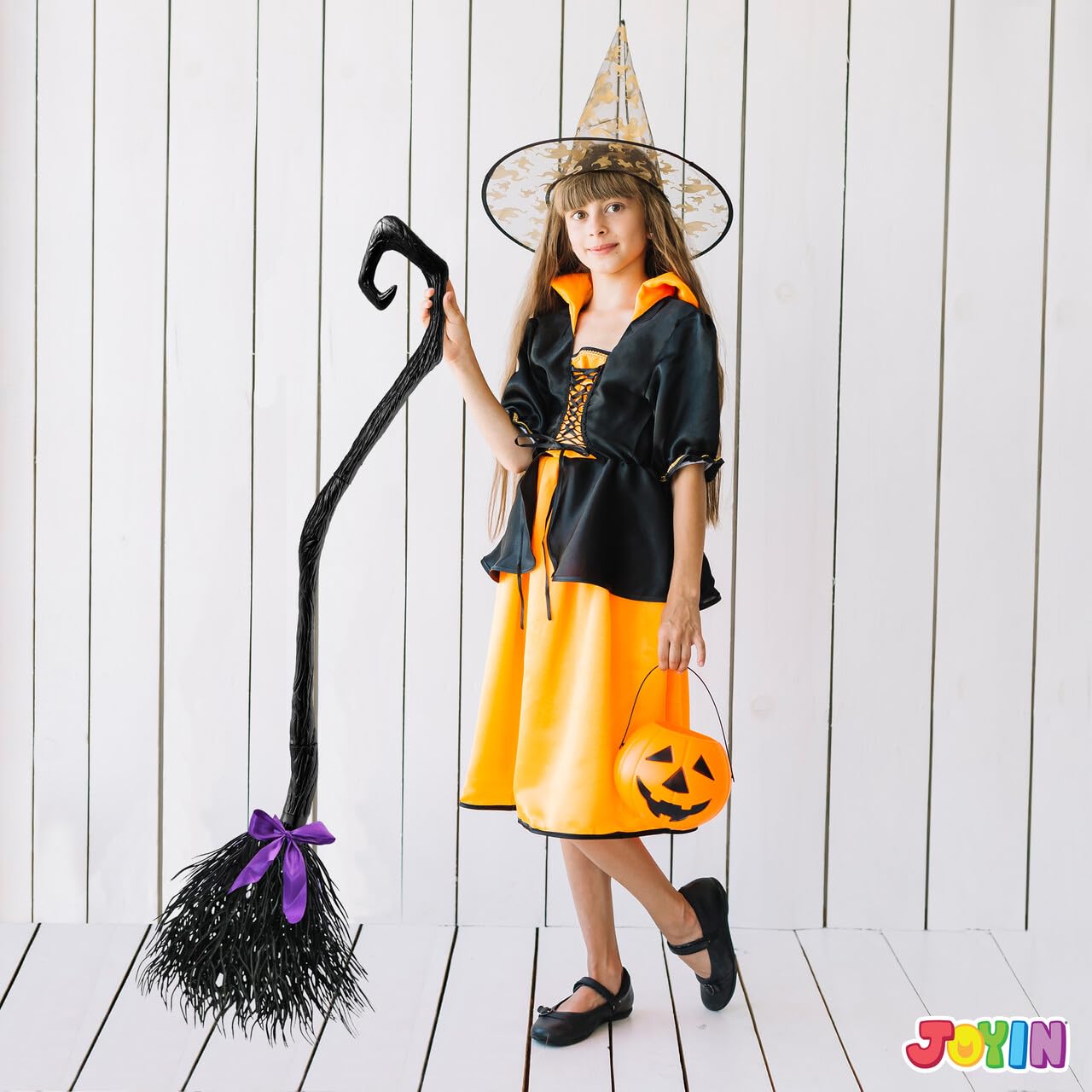JOYIN 55'' Witch Broom with Ribbons for Kids Halloween Witches Broomstick, Costume Parties, Photo Booth Accessory, Halloween Decorations