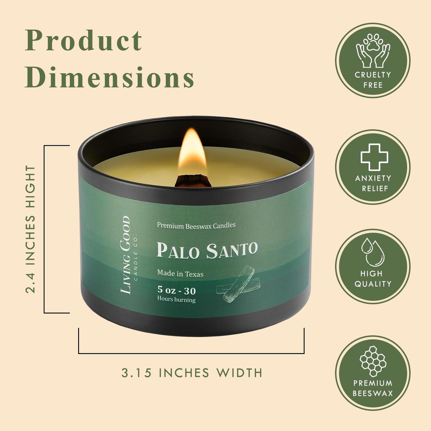 Palo Santo Pure Beeswax Candle Tin - 30+ Hours Long Burning Classically Designed Non-Toxic Scented Candles for Home Decor and Aromatherapy to Stress & Anxiety Relief with Natural Fragrance - 5 oz