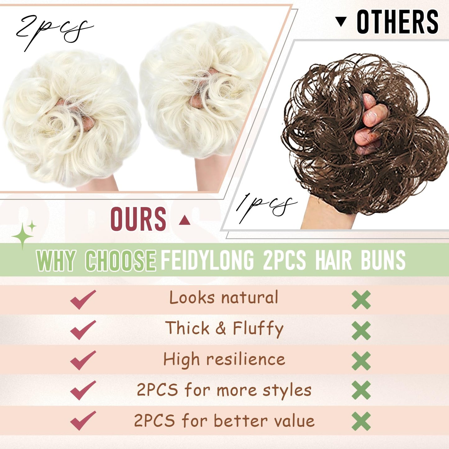 FeidyLong 2 PCS Messy Bun Hair Piece Wavy Curly Scrunchies Synthetic Chignon Ponytail Hair Extensions Thick Updo Hairpieces for Women Girls(Platinum Blonde)