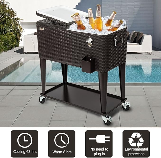 VINGLI 80 Quart Rolling Ice Chest on Wheels, Portable Patio Party Bar Drink Cooler Cart, Wicker PP Rattan with Shelf, Beverage Pool with Bottle Opener