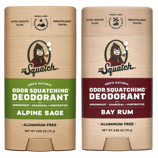 Dr. Squatch Natural Deodorant for Men – Odor-Squatching Men's Deodorant Aluminum Free - Alpine Sage + Bay Rum (2.65 oz, 2 Pack)